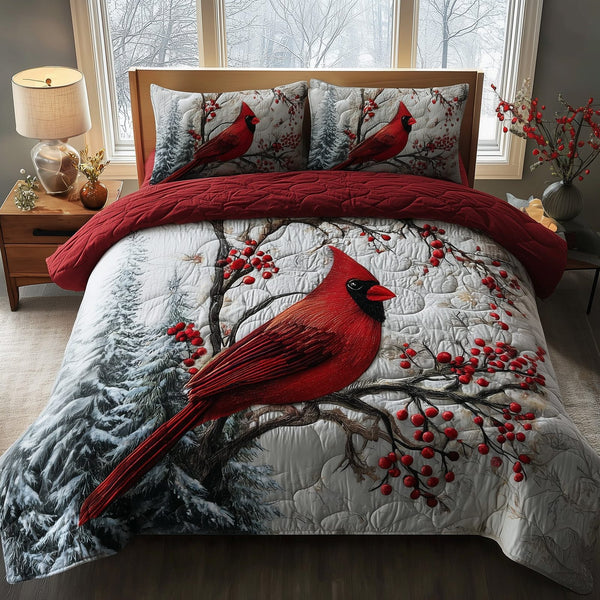 Cardinal Charm quilted 3-piece bedding set on a made bed with two matching pillow shams