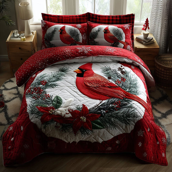 Cardinal Charm quilted 3-piece bedding set on a made bed with two matching pillow shams