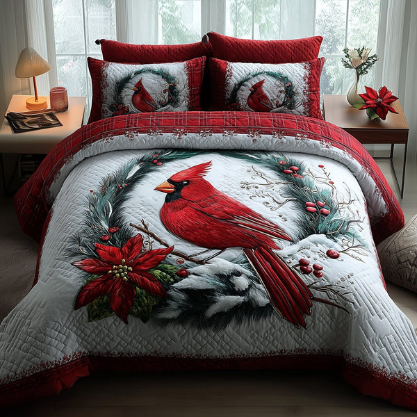 Cardinal Charm quilted 3-piece bedding set on a made bed with two matching pillow shams