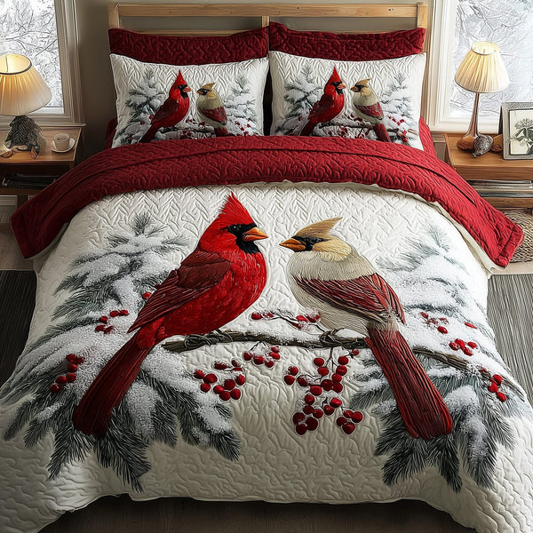 Cardinal Charm quilted 3-piece bedding set on a made bed with two matching pillow shams