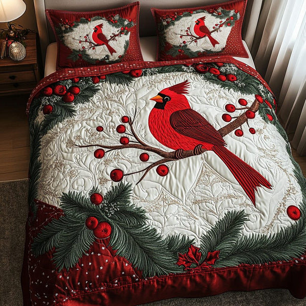 Cardinal Charm quilted 3-piece bedding set on a made bed with two matching pillow shams