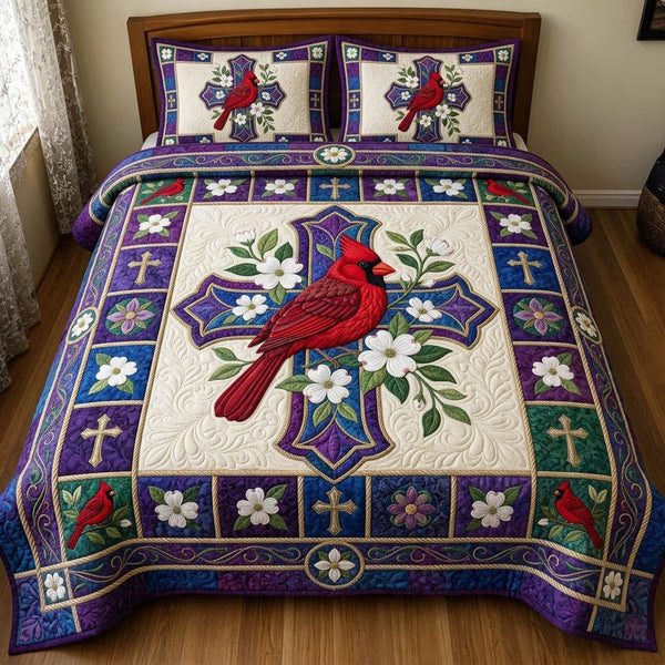 Cardinal Christian quilted 3-piece bedding set on a made bed in a softly lit bedroom