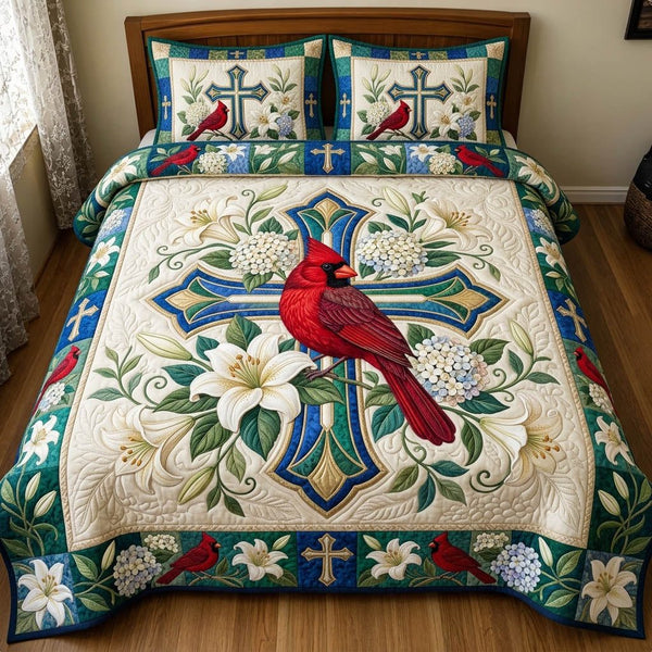 Cardinal Christian quilted 3-piece bedding set on a made bed in a softly lit bedroom