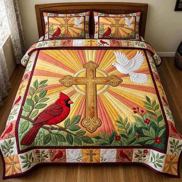 Cardinal Christian quilted 3-piece bedding set on a made bed in a softly lit bedroom