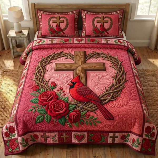 Cardinal Christian quilted 3-piece bedding set on a made bed in a softly lit bedroom
