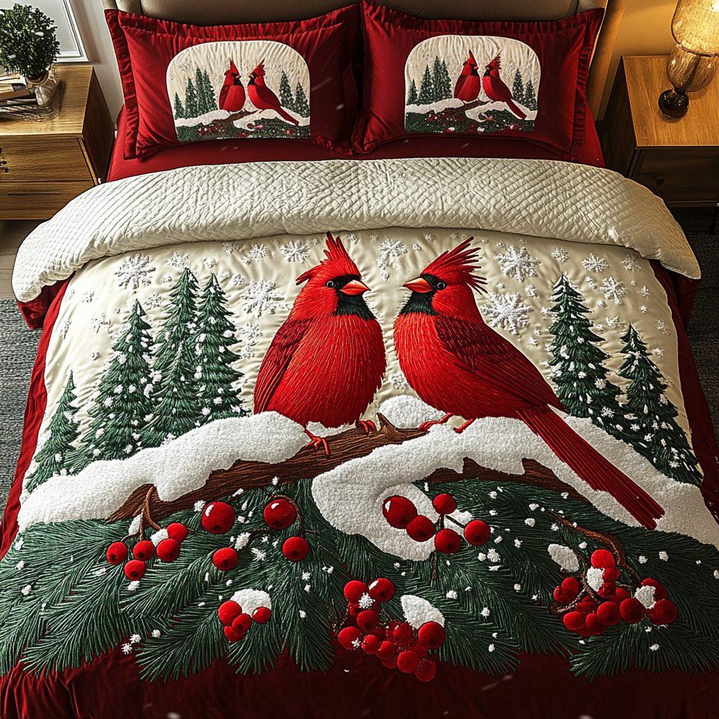 Cardinal Christmas Delight quilted 3-piece bedding set on a made bed in a winter-styled bedroom