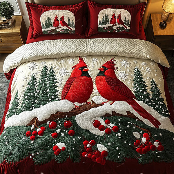 Cardinal Christmas Delight quilted 3-piece bedding set on a made bed in a winter-styled bedroom