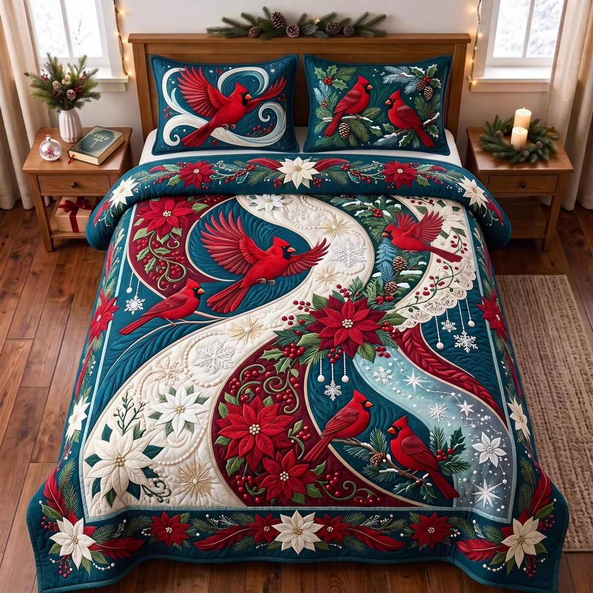 Cardinal Christmas quilted 3-piece bedding set on a made bed in a winter-styled bedroom