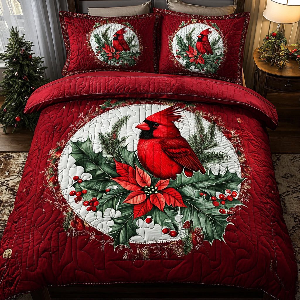 Cardinal Christmas quilted 3-piece bedding set on a made bed in a winter-styled bedroom