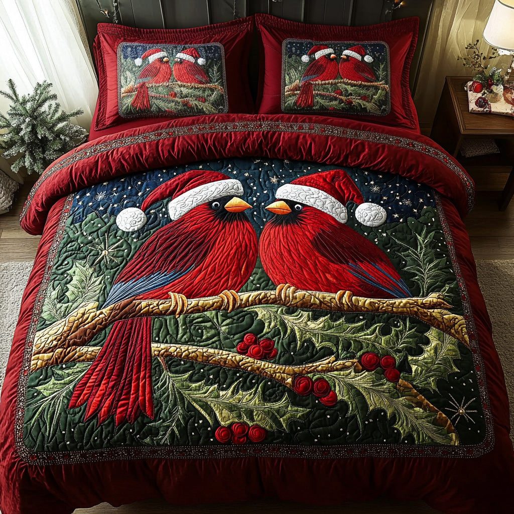 Cardinal Companions quilted 3-piece bedding set on a made bed with two matching pillow shams