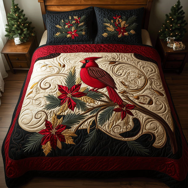 Cardinal Companions quilted 3-piece bedding set on a made bed with two matching pillow shams