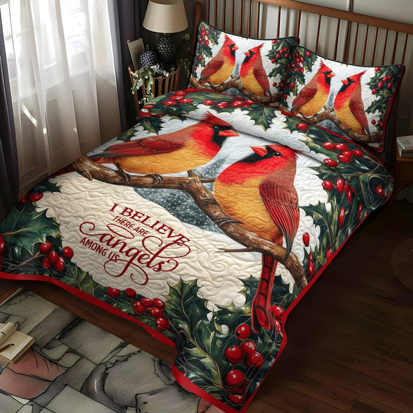 Cardinal Companions quilted 3-piece bedding set on a made bed with two matching pillow shams