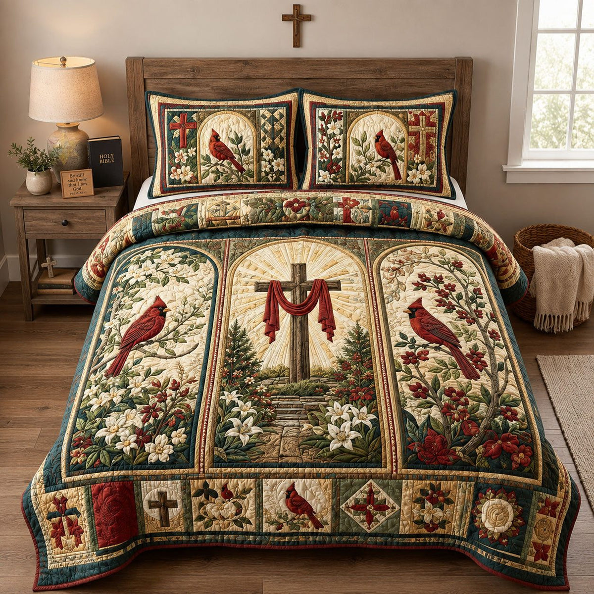 Cardinal Cross Garden quilted 3-piece bedding set on a made bed in a softly lit bedroom