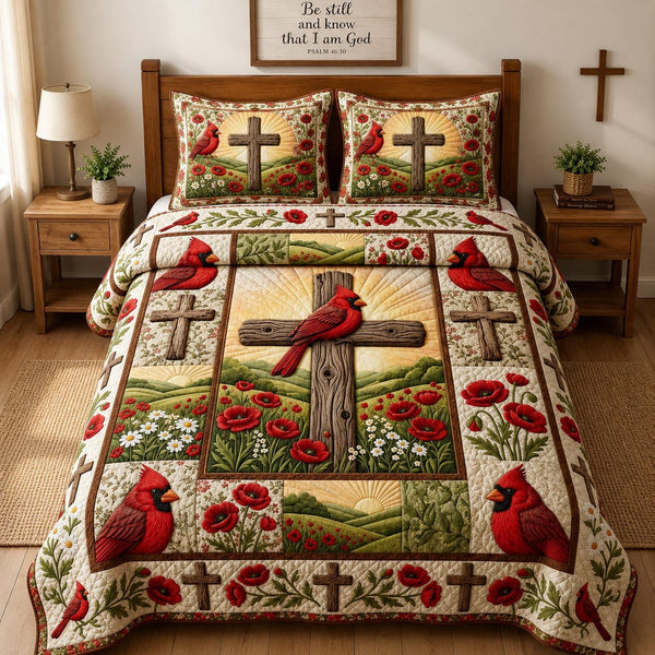 Cardinal Cross Poppy Field quilted 3-piece bedding set on a made bed in a softly lit bedroom