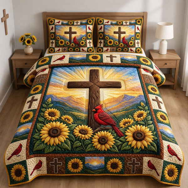 Cardinal Cross Sunflower quilted 3-piece bedding set on a made bed in a softly lit bedroom