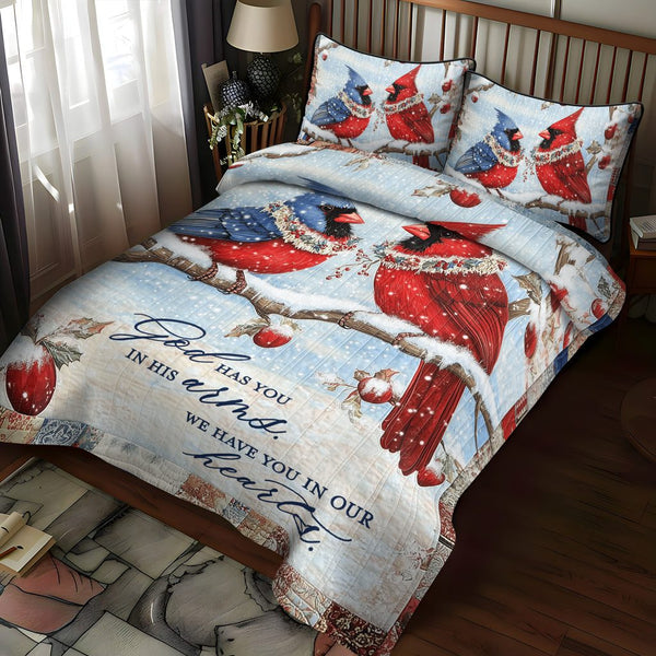 Cardinal Cuddle quilted 3-piece bedding set on a made bed with two matching pillow shams