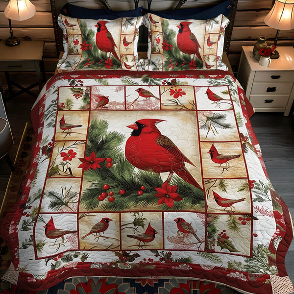 Cardinal Design quilted 3-piece bedding set on a made bed with two matching pillow shams
