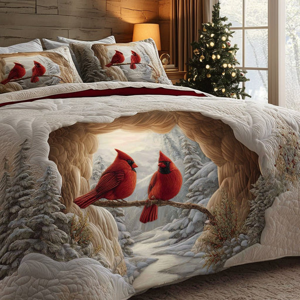 Cardinal Dream quilted 3-piece bedding set on a made bed with two matching pillow shams