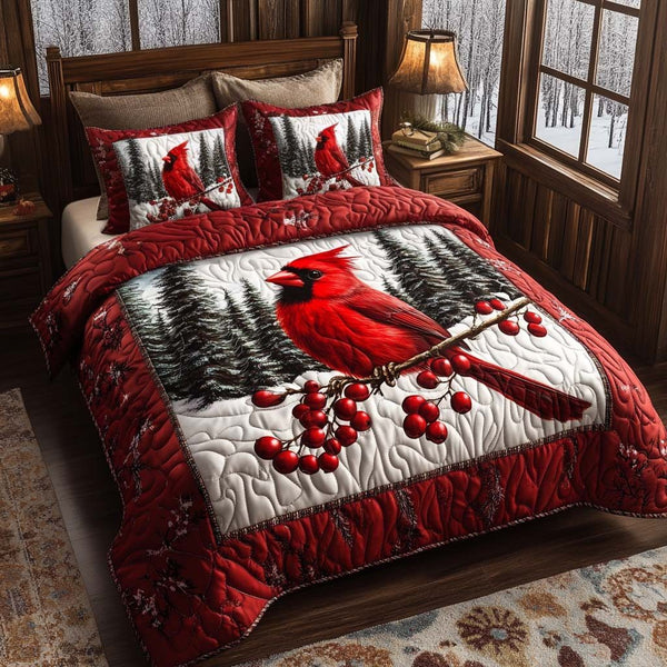Cardinal Dreams quilted 3-piece bedding set on a made bed with two matching pillow shams
