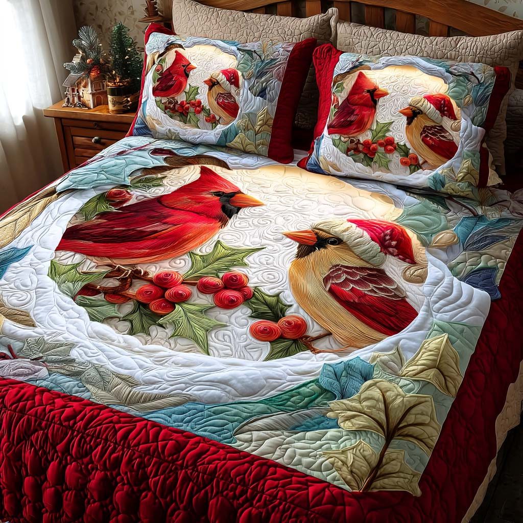 Cardinal Elegance quilted 3-piece bedding set on a made bed with two matching pillow shams
