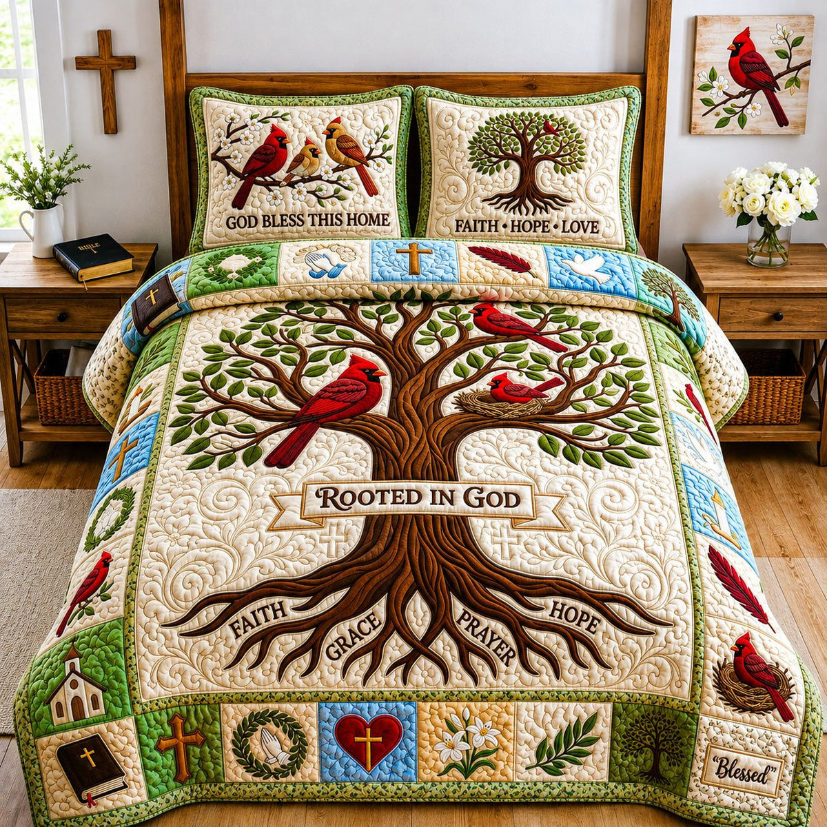 Cardinal Faith quilted 3-piece bedding set on a made bed in a softly lit bedroom
