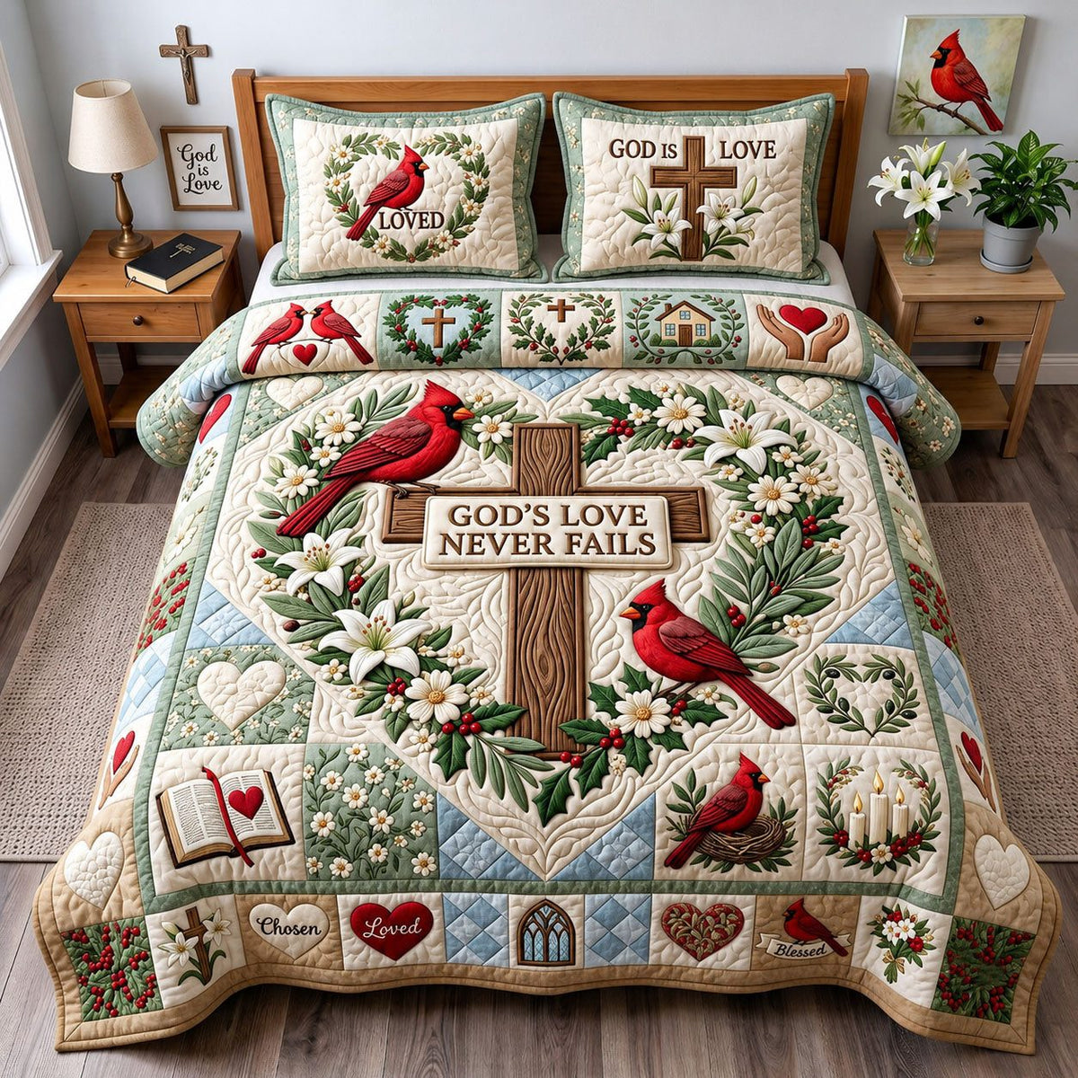 Cardinal Faith quilted 3-piece bedding set on a made bed in a softly lit bedroom