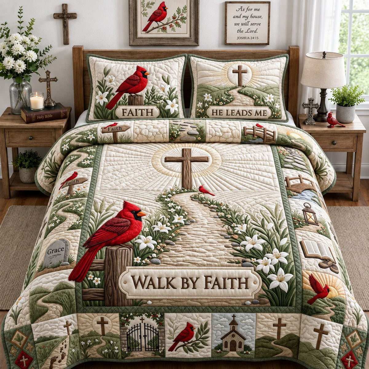 Cardinal Faith quilted 3-piece bedding set on a made bed in a softly lit bedroom