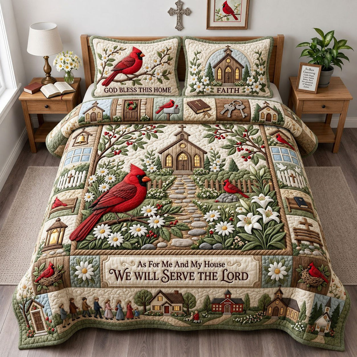 Cardinal Faith quilted 3-piece bedding set on a made bed in a softly lit bedroom
