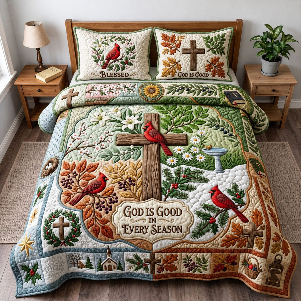 Cardinal Faith quilted 3-piece bedding set on a made bed in a softly lit bedroom