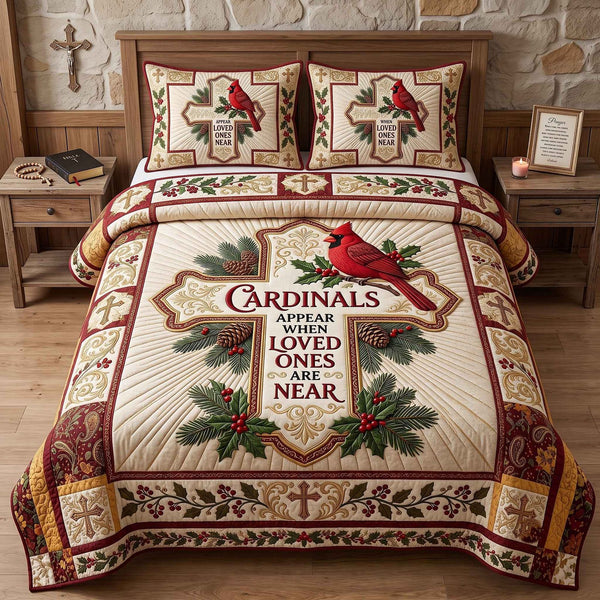 Cardinal Faith quilted 3-piece bedding set on a made bed in a softly lit bedroom