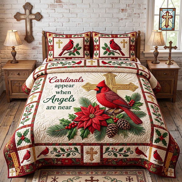 Cardinal Faith quilted 3-piece bedding set on a made bed in a softly lit bedroom