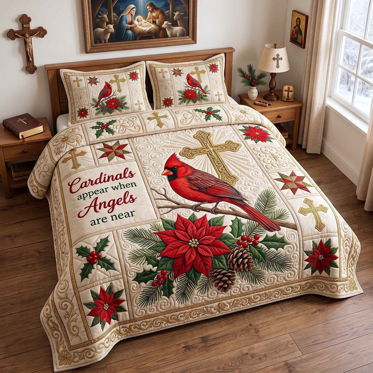 Cardinal Faith quilted 3-piece bedding set on a made bed in a softly lit bedroom