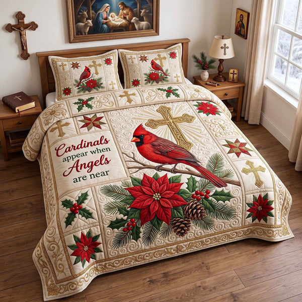 Cardinal Faith quilted 3-piece bedding set on a made bed in a softly lit bedroom