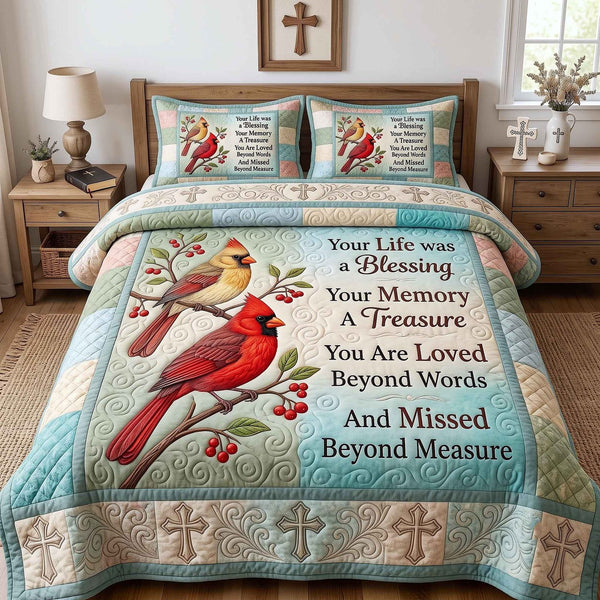 Cardinal Faith quilted 3-piece bedding set on a made bed in a softly lit bedroom