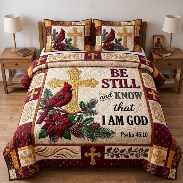 Cardinal Faith quilted 3-piece bedding set on a made bed in a softly lit bedroom