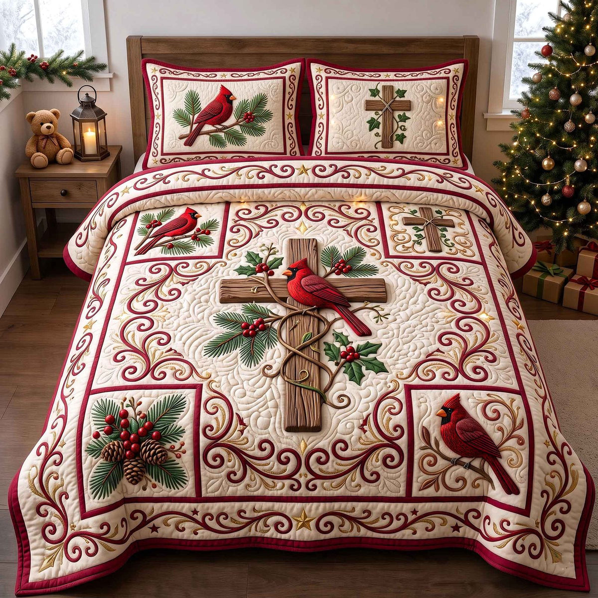 Cardinal Faith quilted 3-piece bedding set on a made bed in a softly lit bedroom