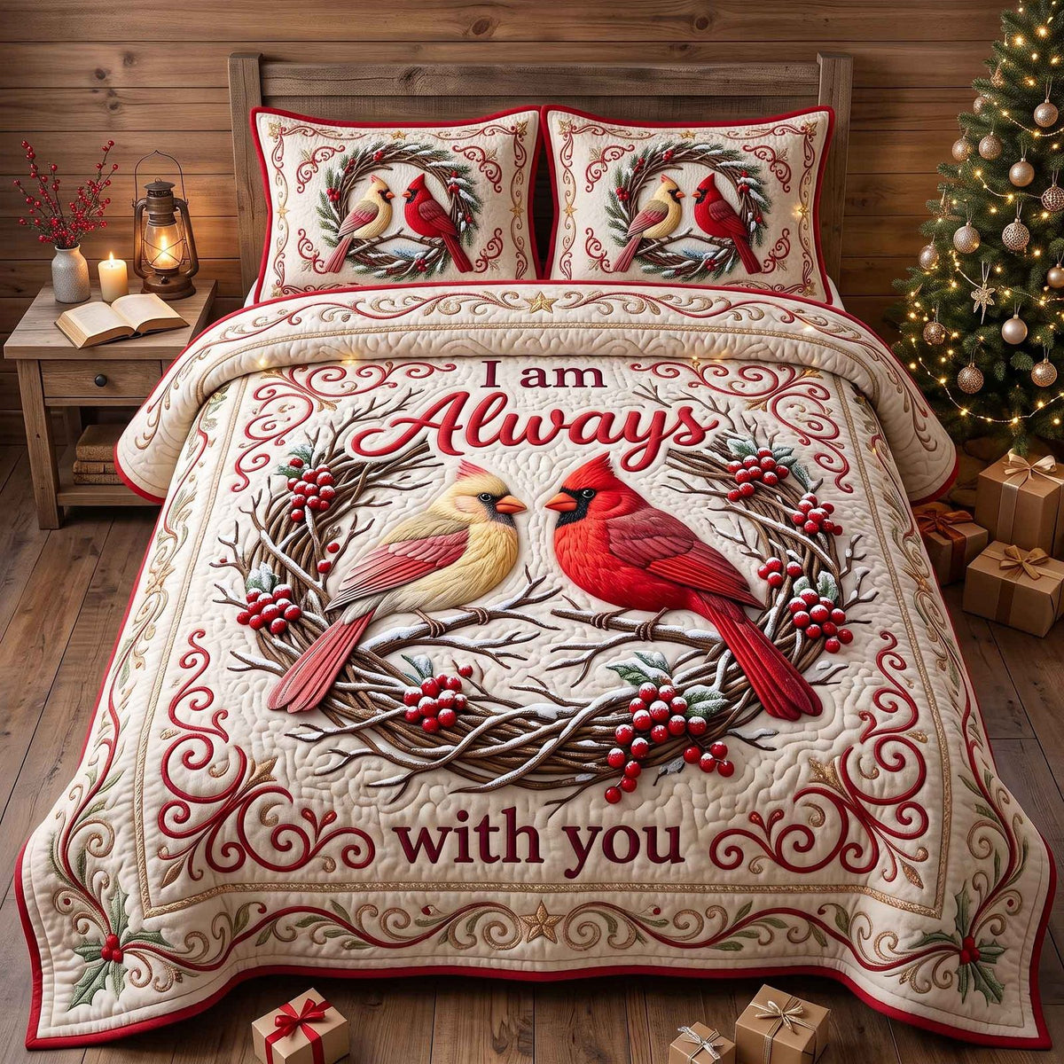 Cardinal Faith quilted 3-piece bedding set on a made bed in a softly lit bedroom