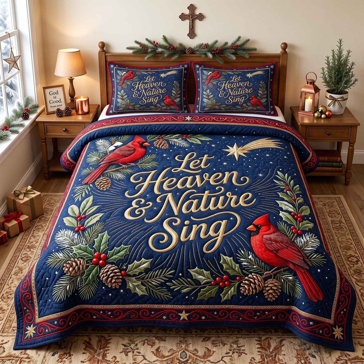 Cardinal Faith quilted 3-piece bedding set on a made bed in a softly lit bedroom
