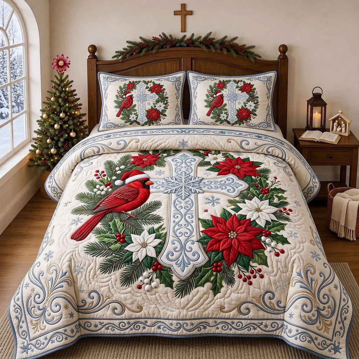 Cardinal Faith quilted 3-piece bedding set on a made bed in a softly lit bedroom