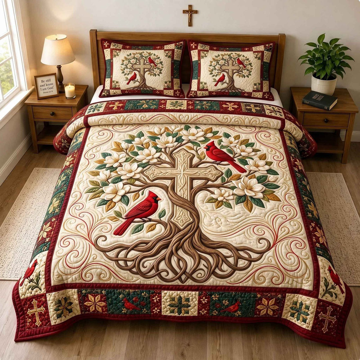 Cardinal Faith quilted 3-piece bedding set on a made bed in a softly lit bedroom