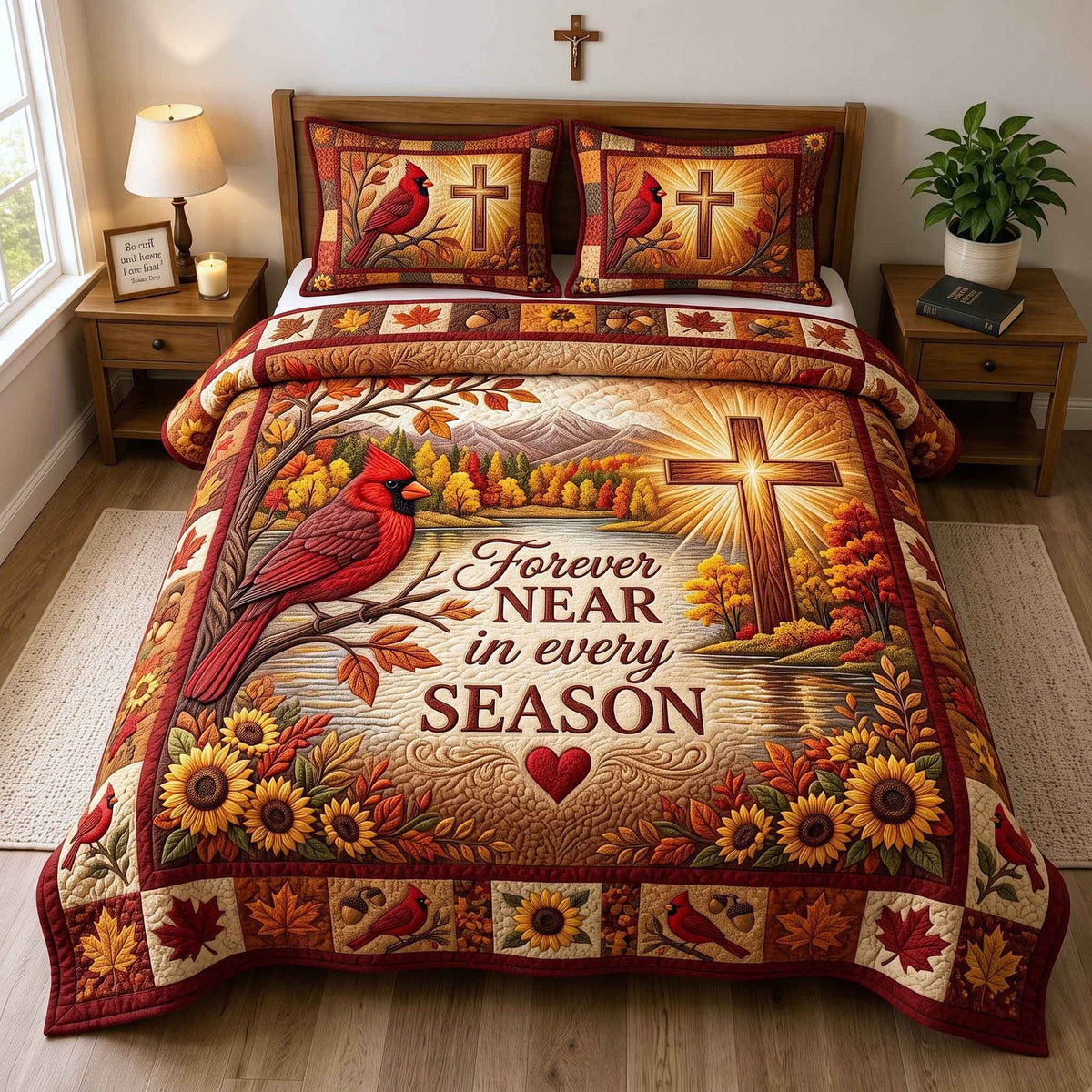 Cardinal Faith quilted 3-piece bedding set on a made bed in a softly lit bedroom