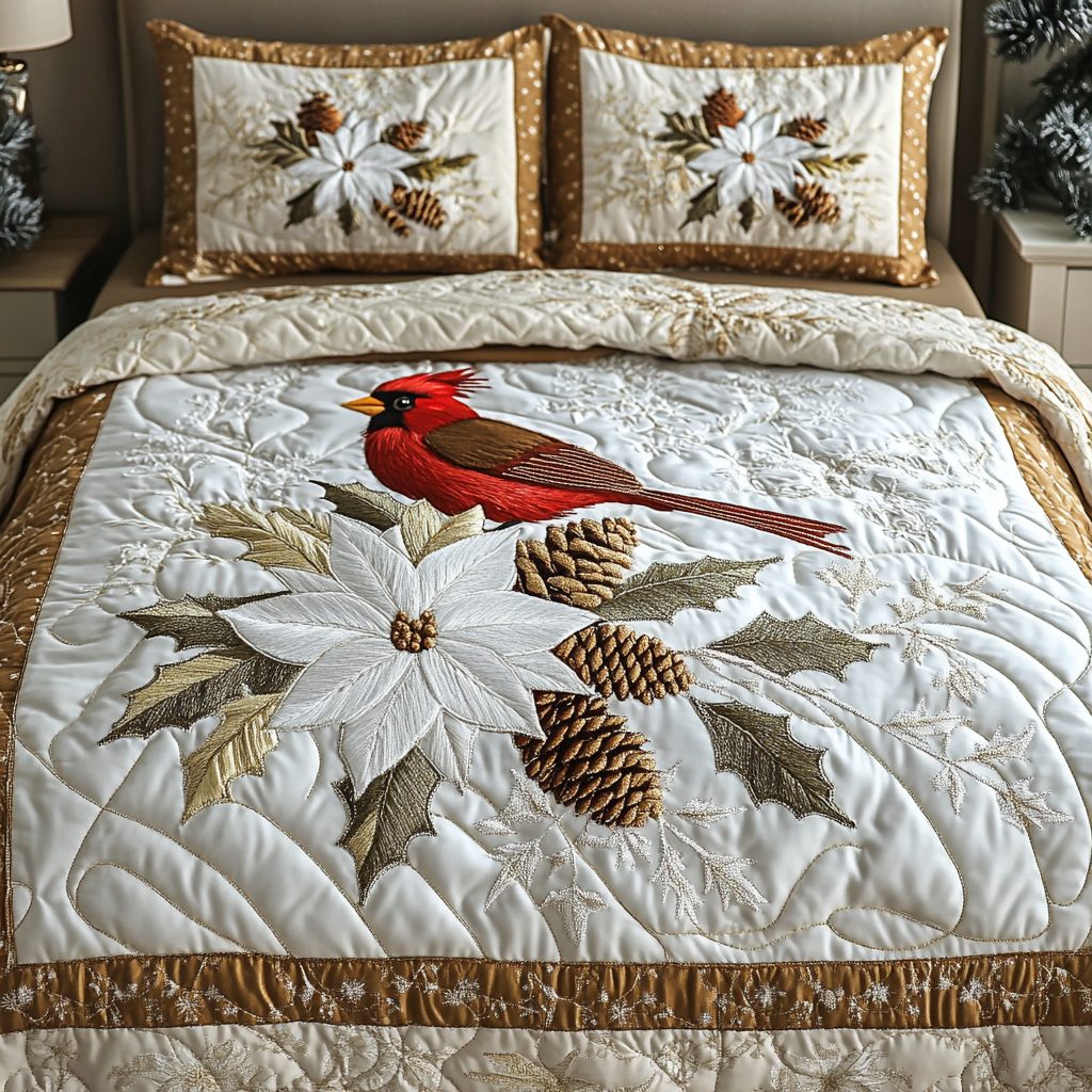 Cardinal Fantasy quilted 3-piece bedding set on a made bed with two matching pillow shams