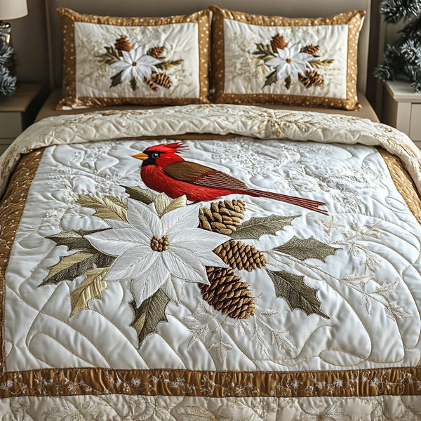 Cardinal Fantasy quilted 3-piece bedding set on a made bed with two matching pillow shams