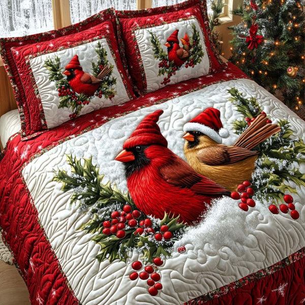 Cardinal Flight quilted 3-piece bedding set on a made bed with two matching pillow shams