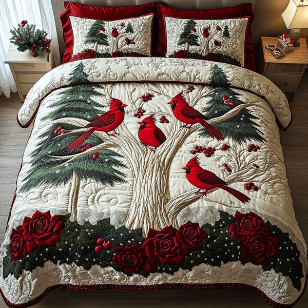 Cardinal Forest quilted 3-piece bedding set on a made bed with two matching pillow shams