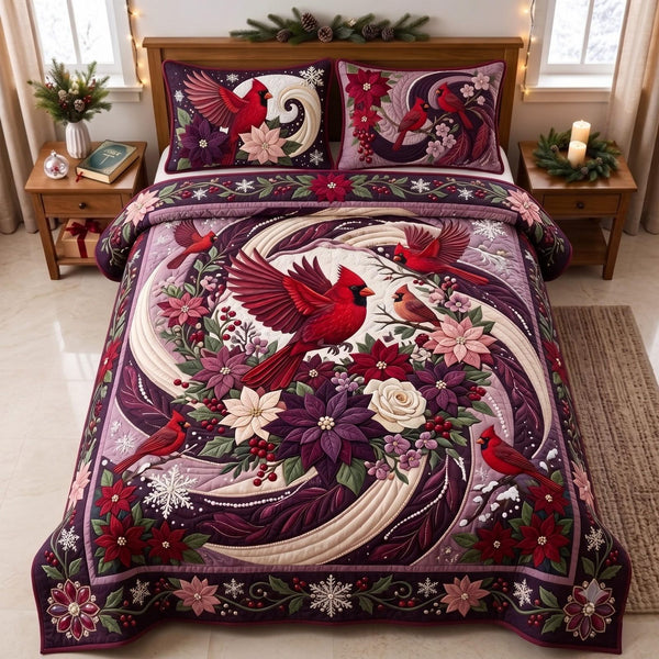 Cardinal Garden quilted 3-piece bedding set on a made bed with two matching pillow shams