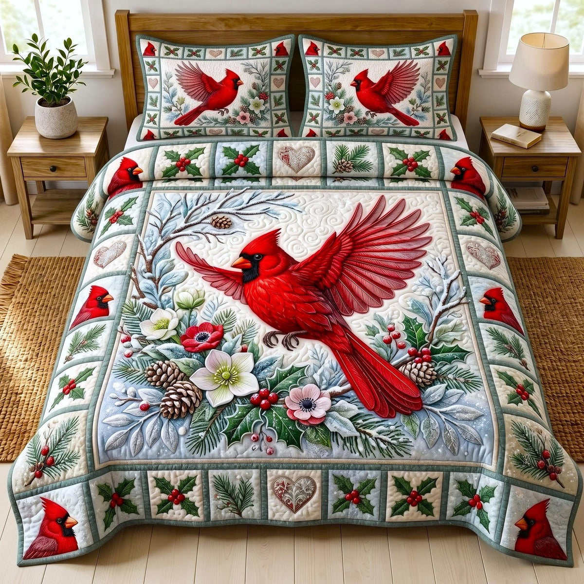 Cardinal Garden quilted 3-piece bedding set on a made bed with two matching pillow shams