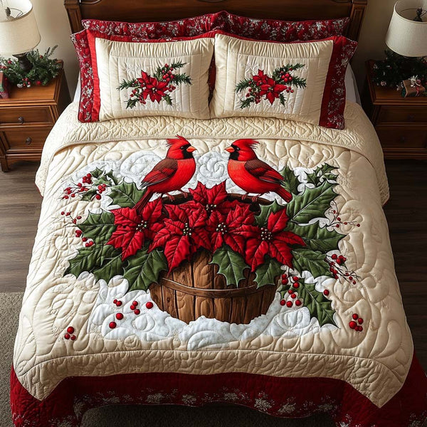 Cardinal Garden quilted 3-piece bedding set on a made bed with two matching pillow shams