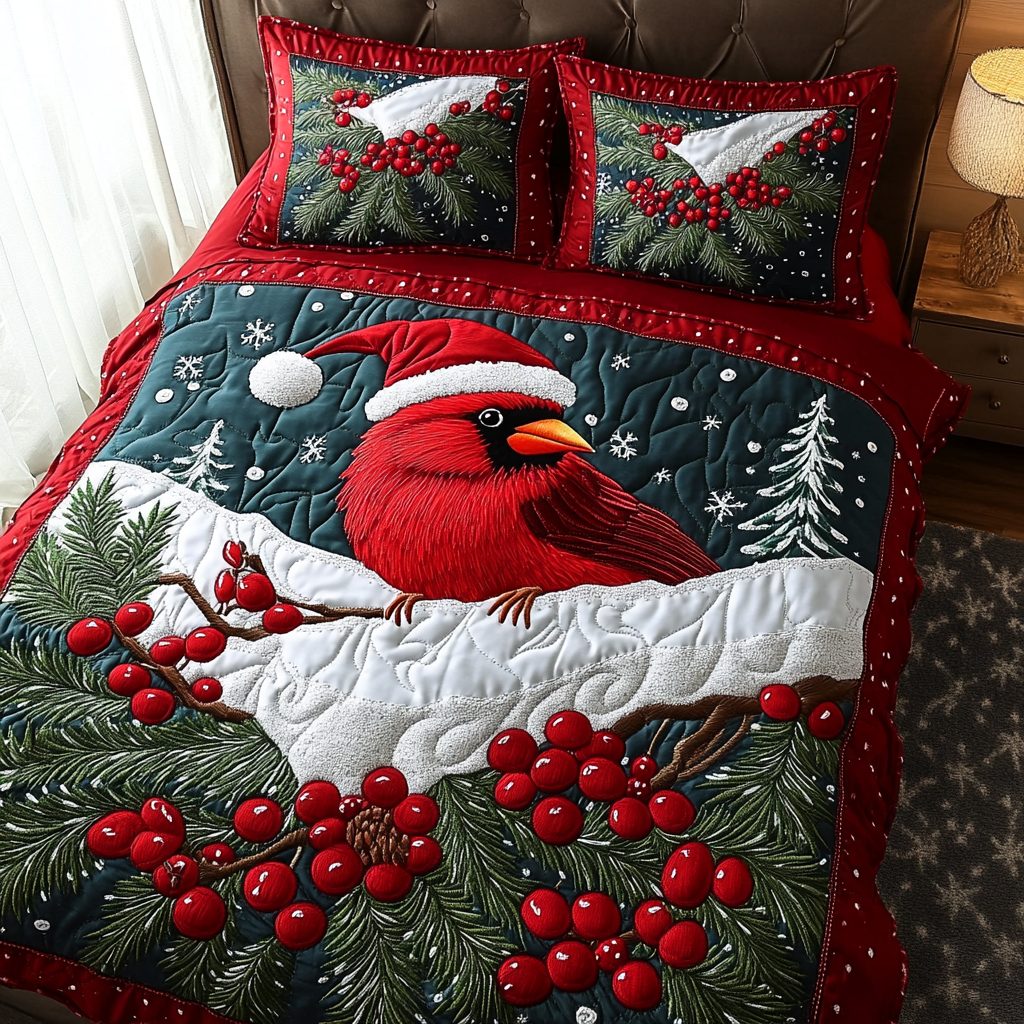 Cardinal Gathering quilted 3-piece bedding set on a made bed with two matching pillow shams