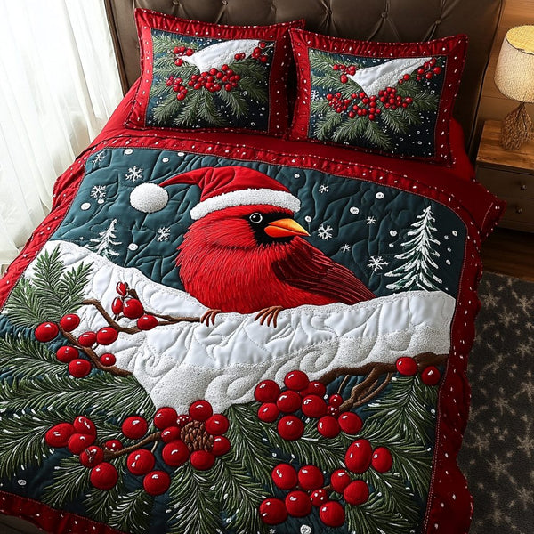 Cardinal Gathering quilted 3-piece bedding set on a made bed with two matching pillow shams